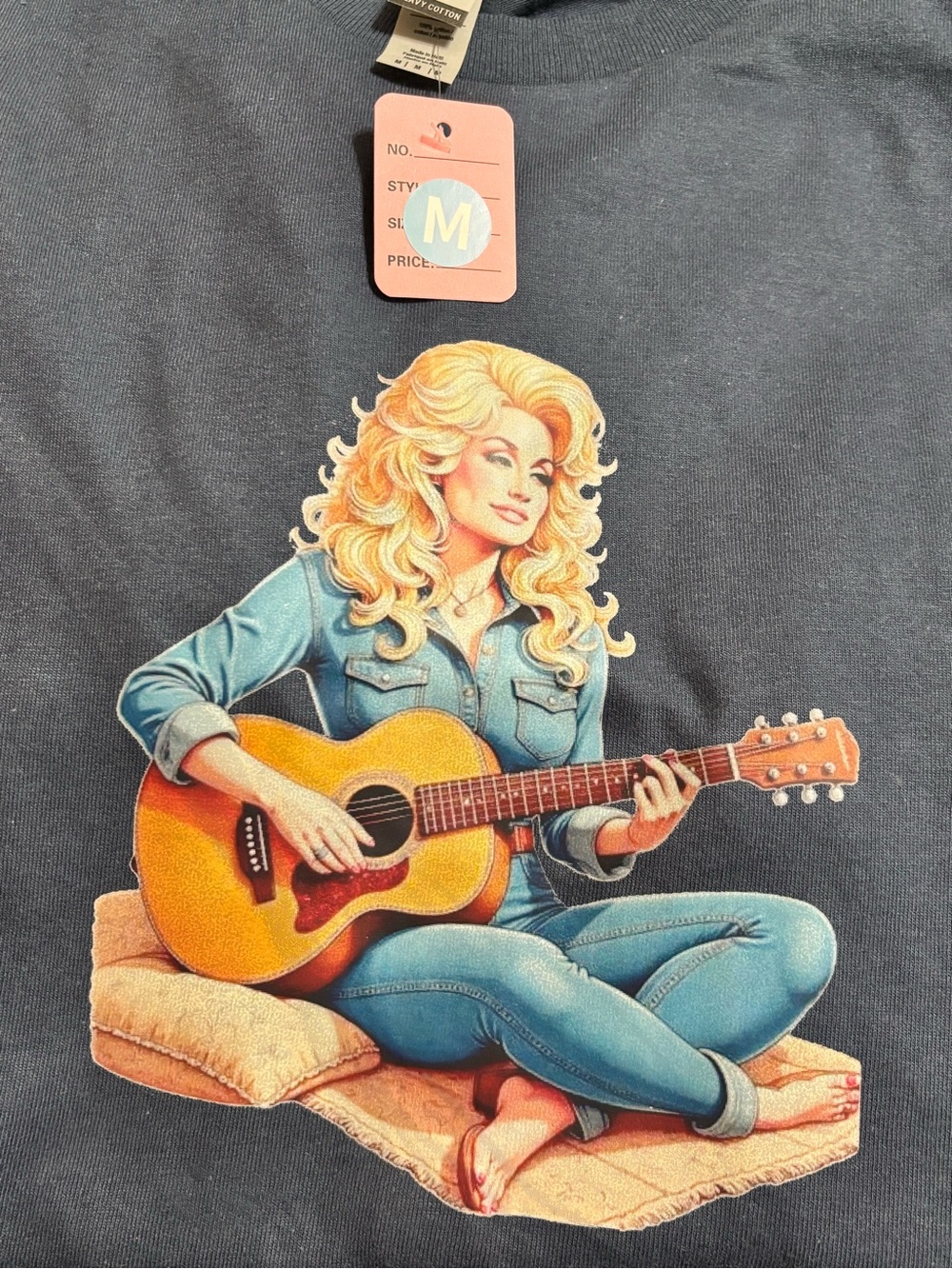 NEW Graphic Dolly Parton Tee — Denim Blue with Yellow Guitar - Medium